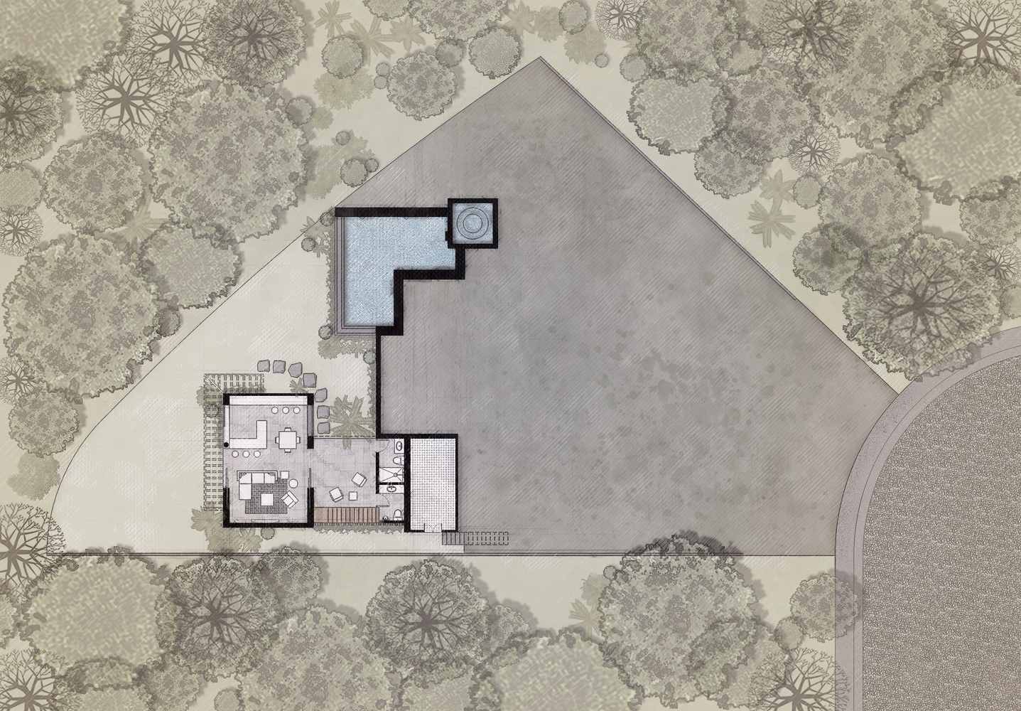پلان زیرزمین با فضای عمومی و باغ