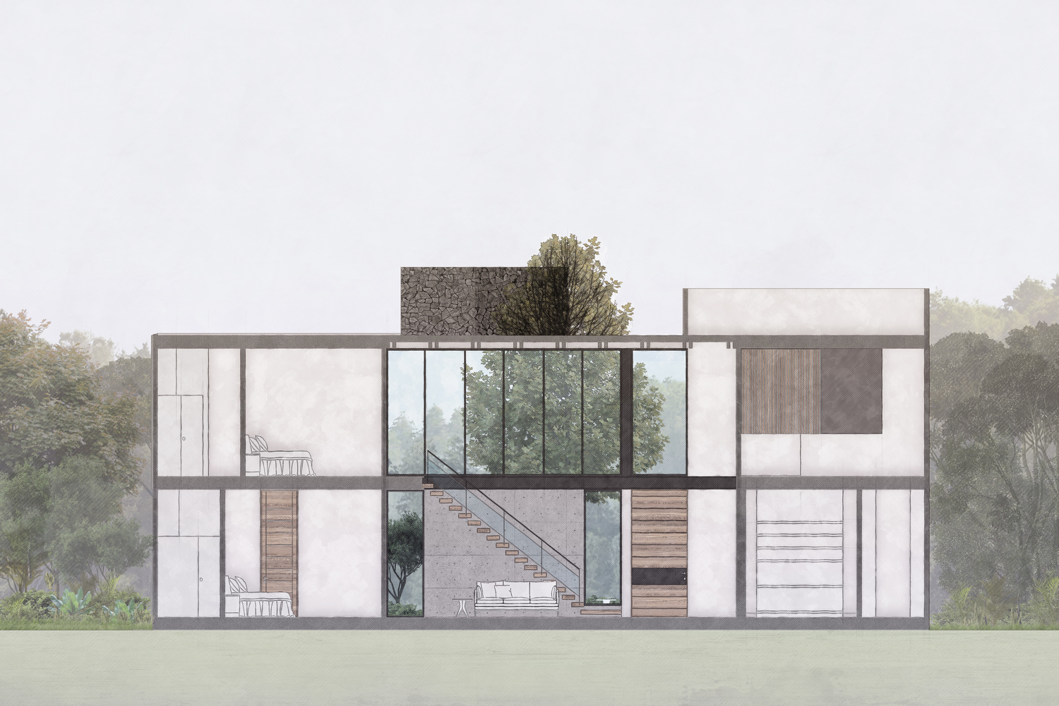 پلان میانی شامل آشپزخانه و نشیمن