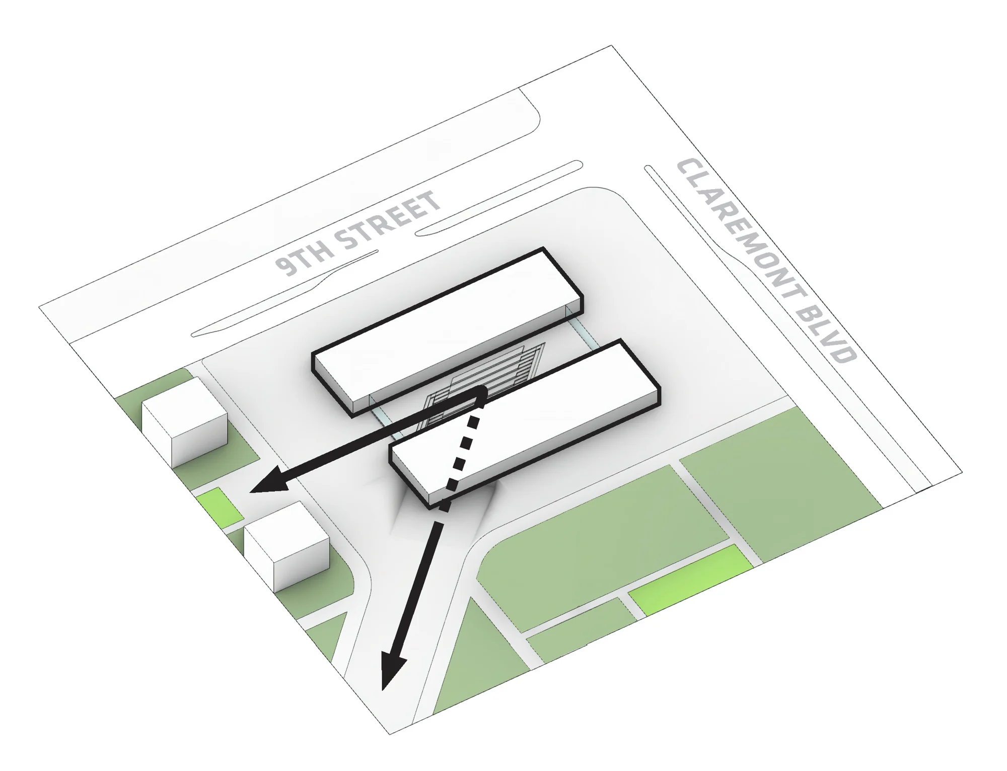 نمای خارجی مرکز علوم رابرت دی، با نمایش یکپارچگی آن با پردیس.