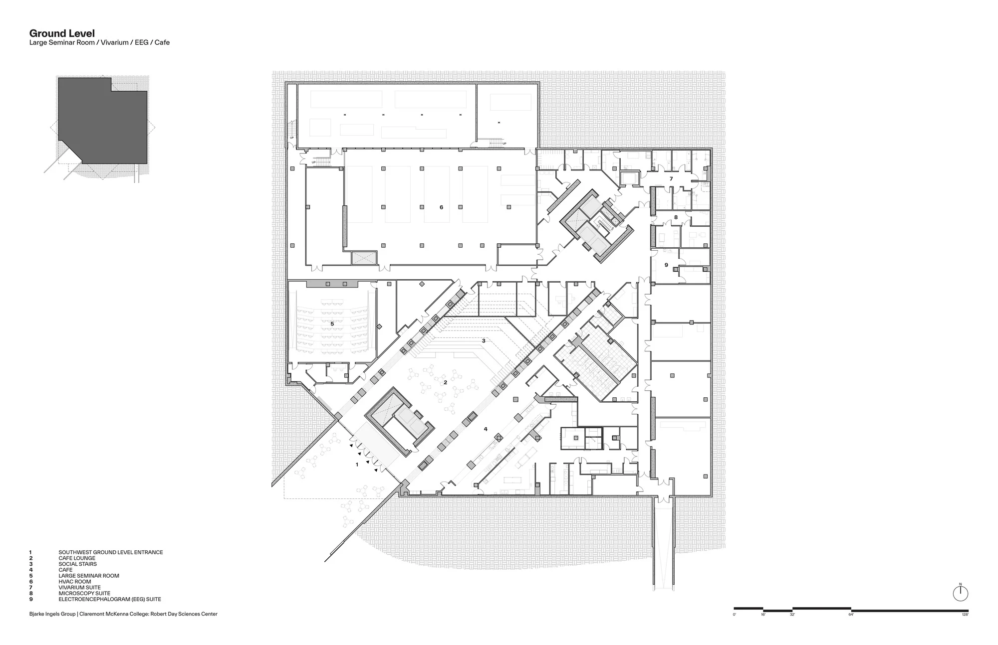 نمای خارجی مرکز علوم رابرت دی در طلوع آفتاب، با نور گرم روی نما.