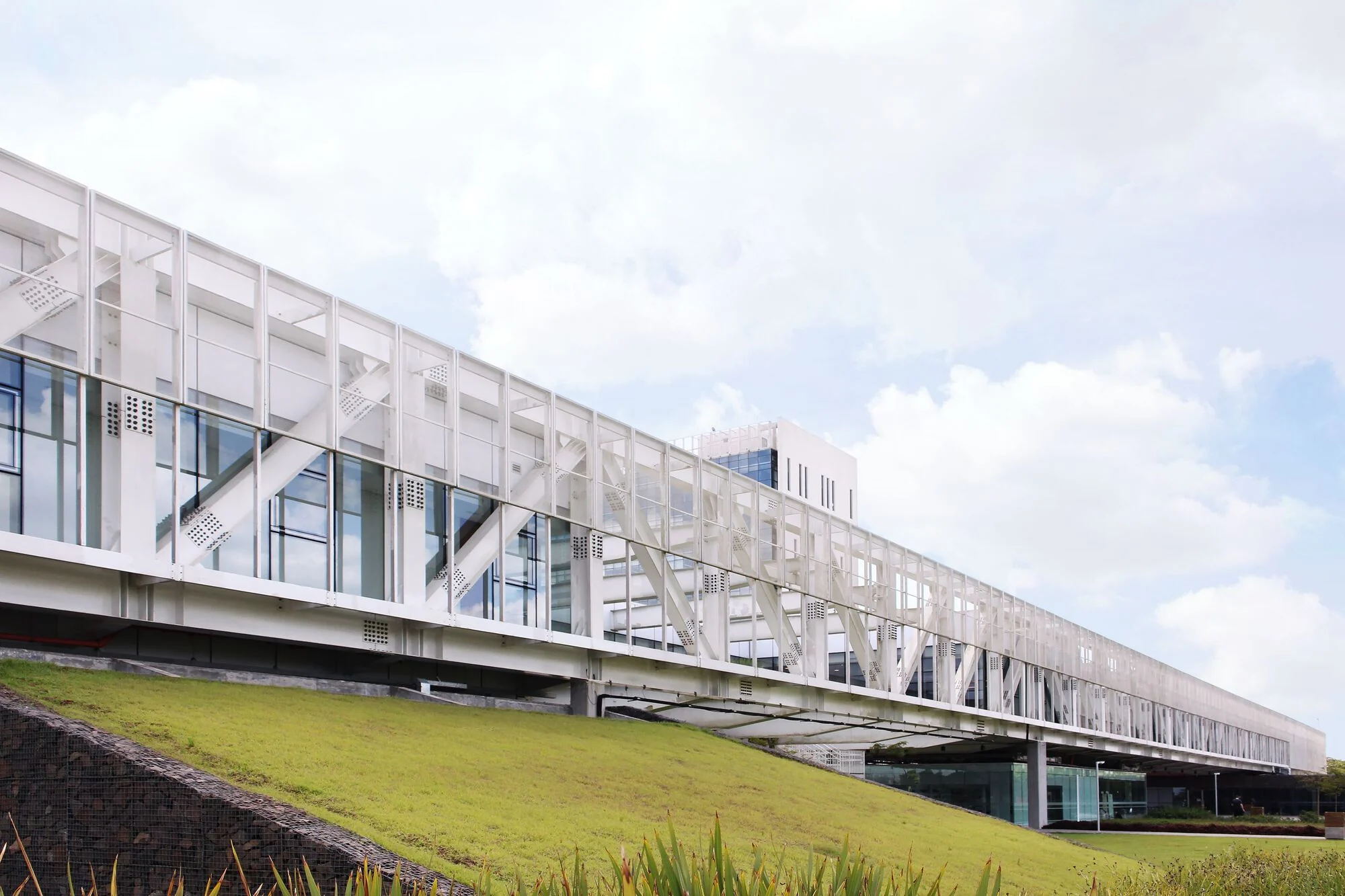 نمای خارجی مجتمع فکومرسیو با متریالهای شیشهای و طراحی پایدار