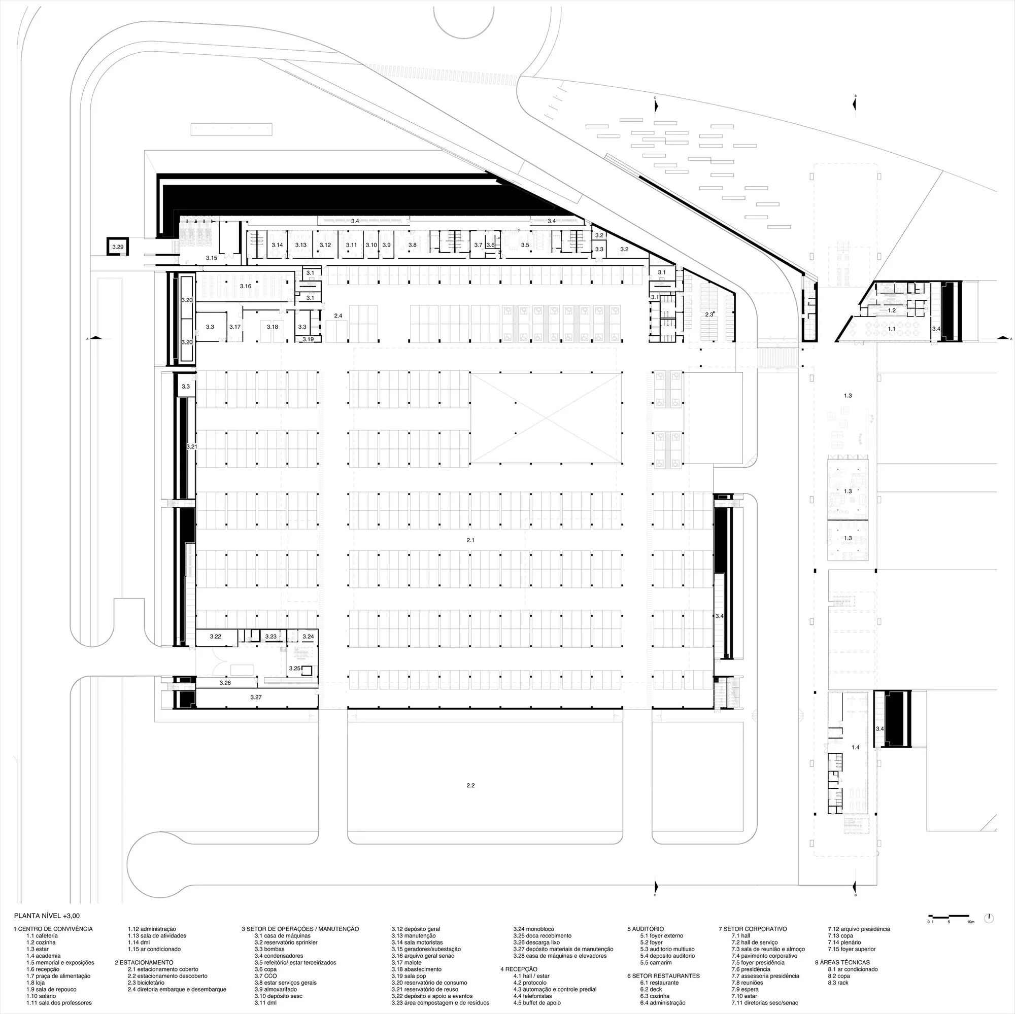 پلان معماری مجتمع فکومرسیو با فضاهای چندمنظوره و باز
