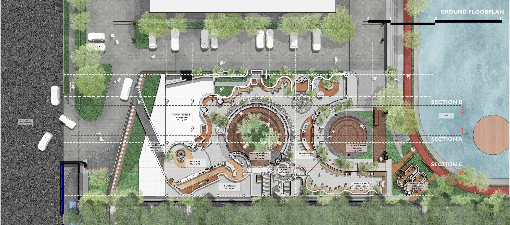 باغ سبز شیب‌دار رستوران SS Garden با طراحی مینیمال و نور طبیعی