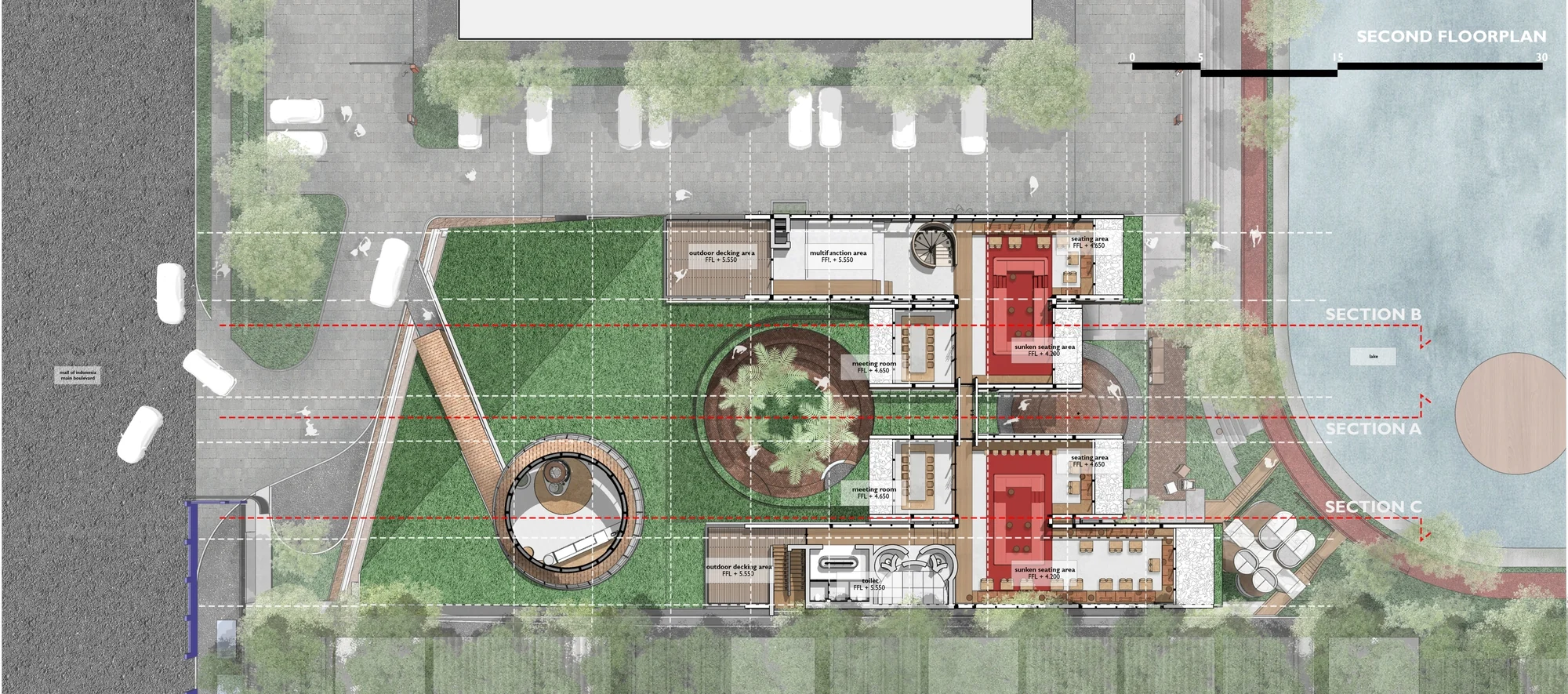 نمای خارجی رستوران SS Garden با متریال‌های پایدار و مدرن