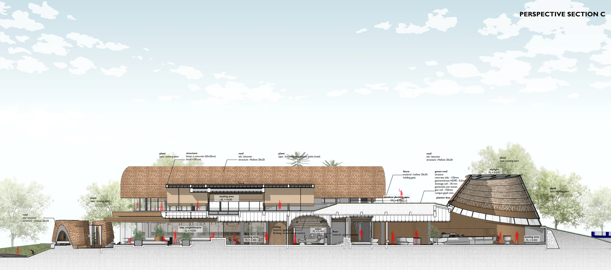 پلان معماری رستوران SS Garden با باغ شیب‌دار و نورپردازی طبیعی