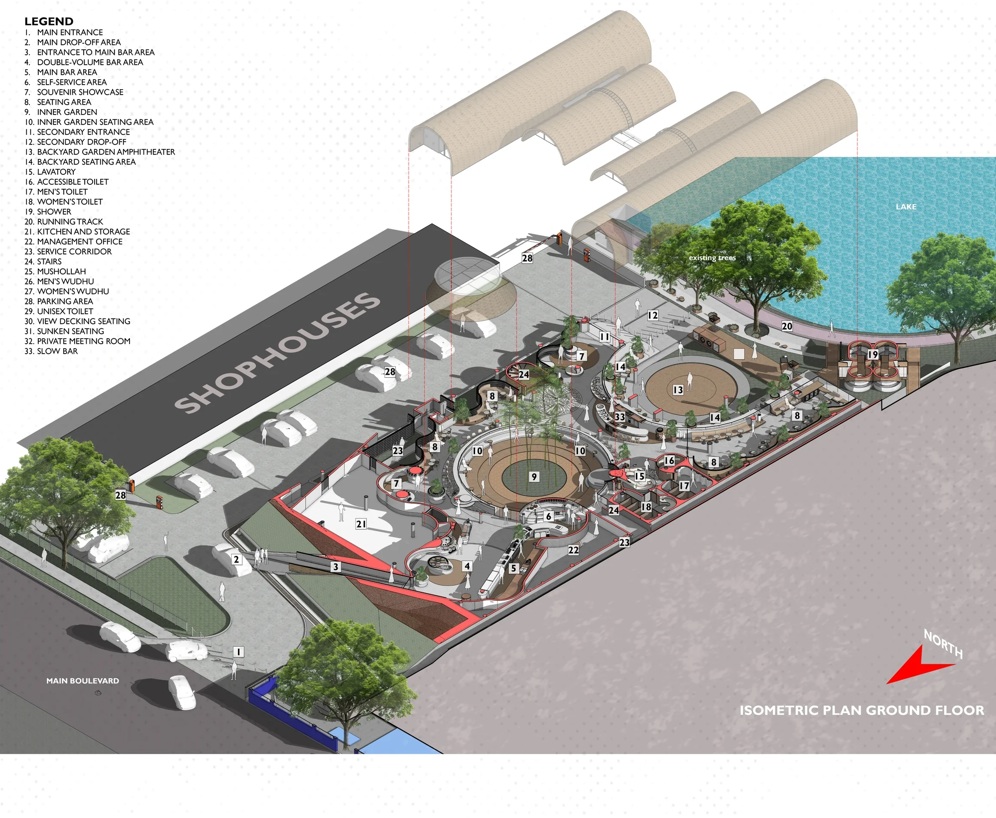 باغ شیب‌دار رستوران SS Garden با سقف سبز و طراحی مدرن