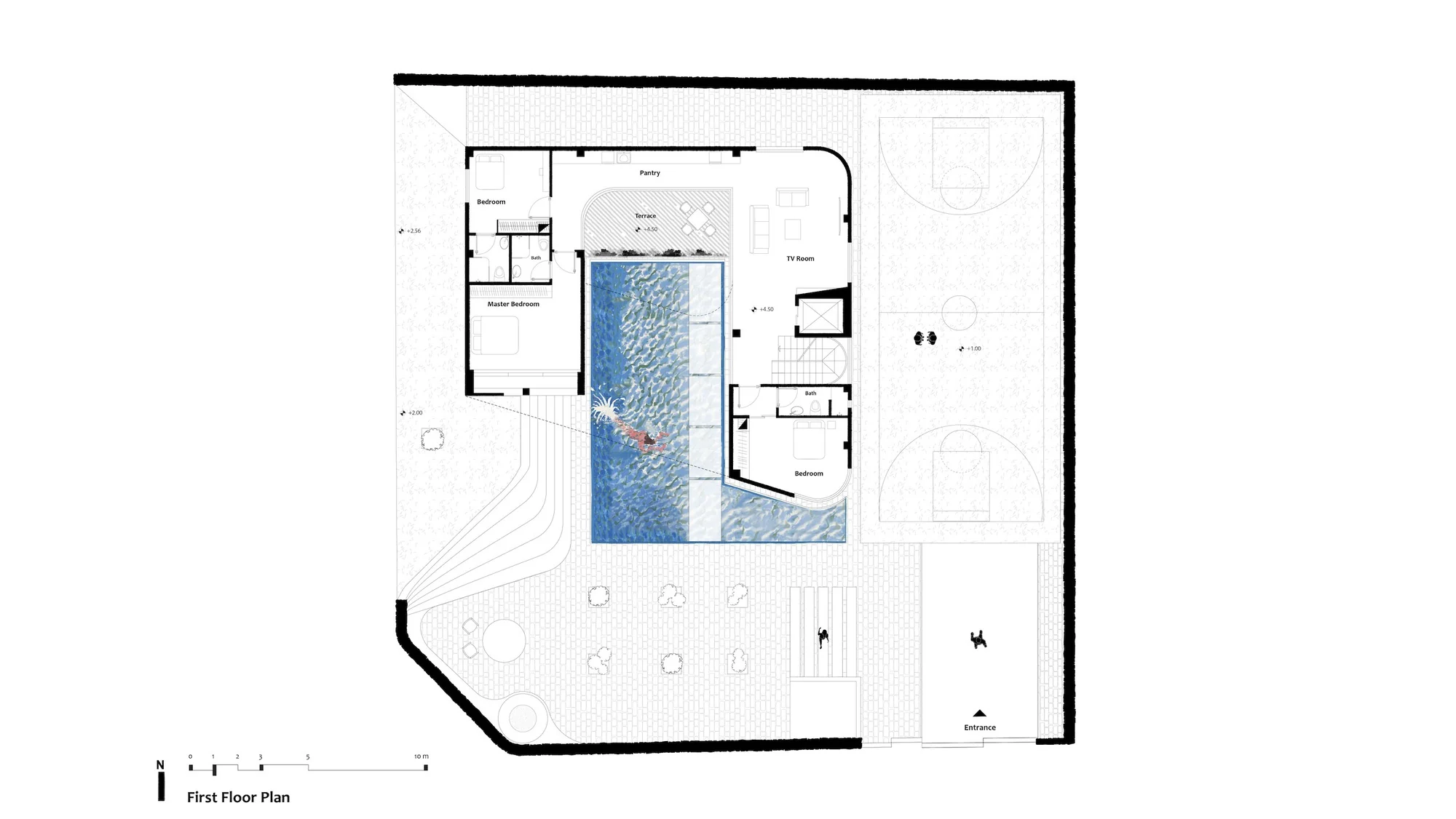 طراحی معماری ویلا حیاط مرکزی با نفوذپذیری به آسمان